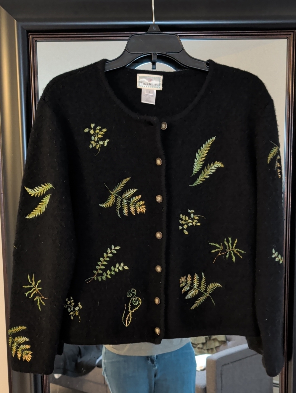 Susan Bristol Vintage Fern Embroidered 100% Wool Whimsical Grandma Cardigan
